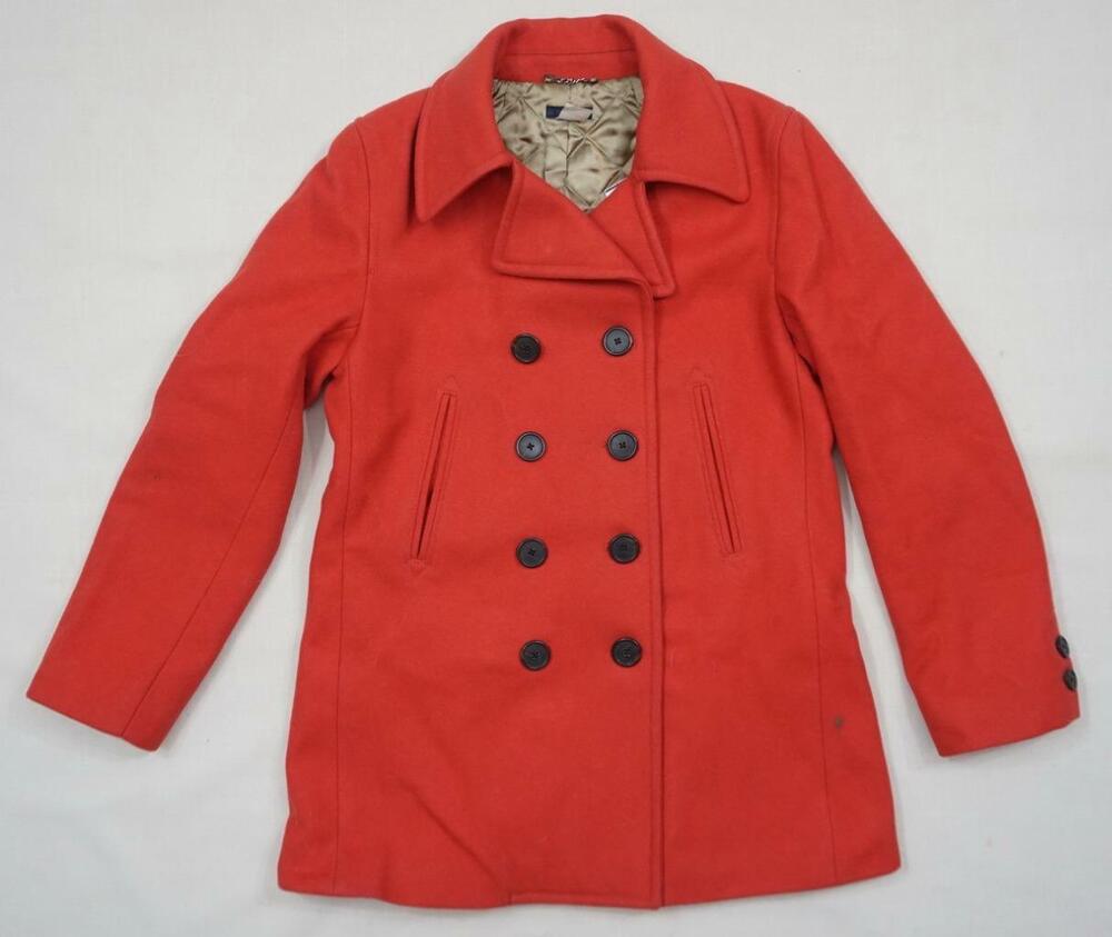 J CREW USED WOMEN M RED ORANGE WOOL BLEND TRENCH COAT/PEACOAT